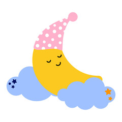 Cartoon moon sleeps in the clouds in a sleep cap. Good night, lullaby theme. Vector isolated on a white background