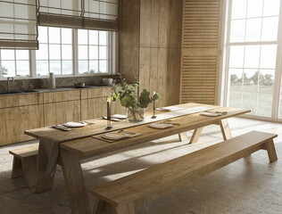 Scandinavian farmhouse style wooden kitchen with window blinds and dining table with dishes. 3d render illustration.