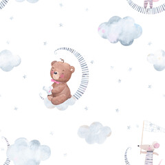 Watercolor seamless pattern with cute mouse, bear, clouds and stars. Vintage childish background for fabric, textile, nursery wallpaper. Hand drawn illustration. © bukhavets