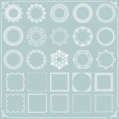 Vintage set of white square and round elements. Different elements for backgrounds, frames and monograms. Classic patterns. Set of vintage patterns
