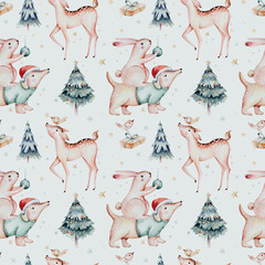 Watercolor Merry Christmas seamless pattern with snowman, christmas tree , snowman, holiday cute animals bunny rabbit, rabbit and baby deer . Christmas celebration cards. Winter new year