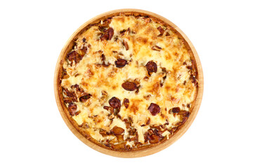 Homemade quiche with chanterelle mushrooms, isolated on white background.
