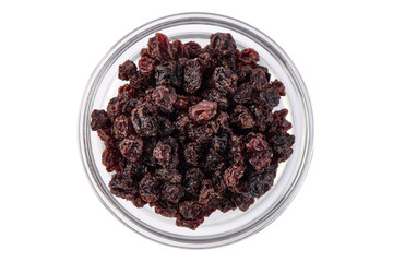 Zante currants. Small raisins. Dried fruits of the small, sweet, seedless grape cultivar Black Corinth, Vitis vinifera. Food photo.
