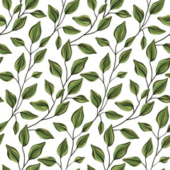 Seamless pattern with leafy twigs on a white surface. Elegant botanical background, natural print with small hand drawn leaves, foliage on thin branches. Vector illustration.