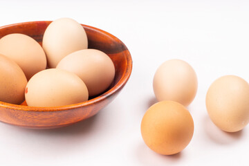 Organic chicken eggs on the table. Eggs are good for everyone and health. Farm products, natural eggs.