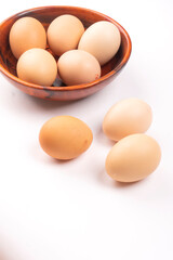 Organic chicken eggs on the table. Eggs are good for everyone and health. Farm products, natural eggs.