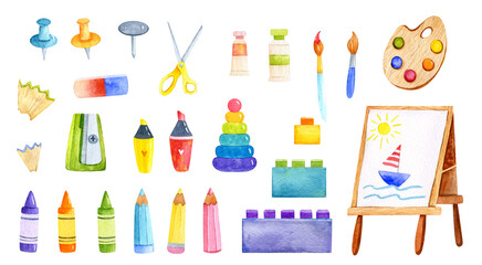 Watercolor back to school and education elements set. Cute cartoon style. Backpacks, stationery teacher graphics. Elementary and high school illustration. Hobby, drawing watercolor
