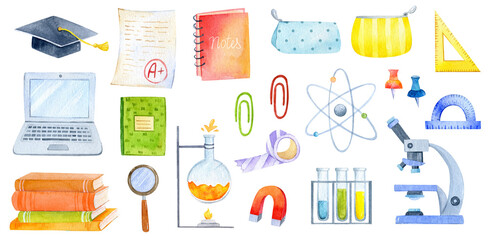 Watercolor back to school and education elements set. Cute cartoon style. Backpacks, stationery teacher graphics. Elementary and high school illustration. Science graphic set isolated 