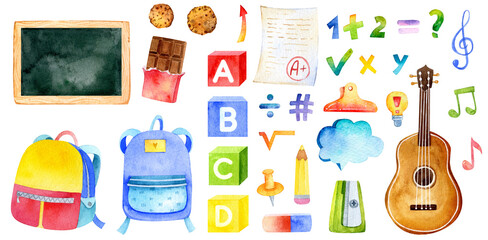 Watercolor back to school and education elements set. Cute cartoon style. Backpacks, stationery teacher graphics. Elementary and high school illustration
