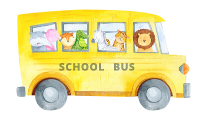 Back to school illustration. School bus watercolor. Elementary yellow school bus isolated. Education graphics. Jungle baby animal illustration. Lion, tiger, zebra watercolor