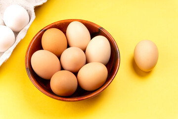 Organic chicken eggs on the table. Eggs are good for everyone and health. Farm products, natural eggs.