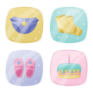 Set of cartoon baby accessories icons. Newborn diaper, socks, birthday cake and sandals.