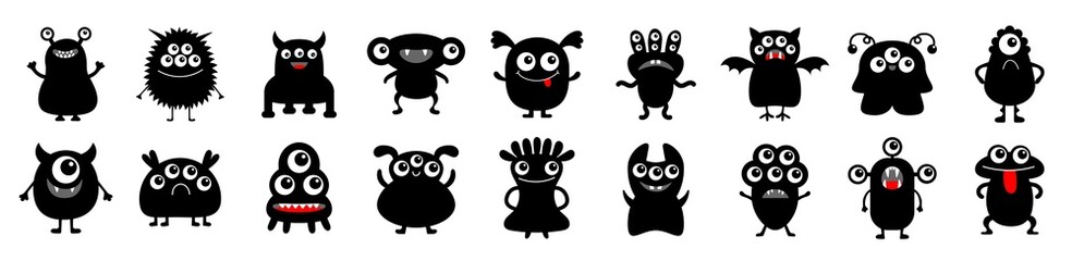 Happy Halloween. Monster icon big set line. Black silhouette. Cute kawaii cartoon funny baby character. Sticker print template.. Eyes, horn, fang teeth tongue. Flat design. White background.