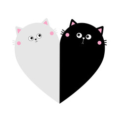 Cat heart set. Couple family. Black White Yin Yang kitty kitten. Happy Valentines day. Cute cartoon kawaii funny baby character. Sticker template. White background. Isolated. Flat design.