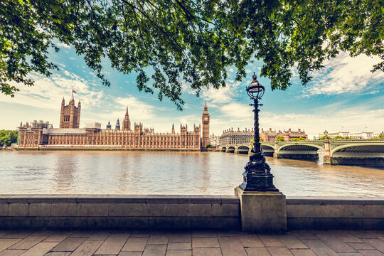 Big Ben, Westminster Bridge on River Thames in London, England, UK