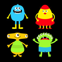Happy Halloween. Monster icon set wearing clothes. Kawaii cute cartoon funny baby character. Sticker print. Eyes, horn, fang teeth tongue, wing. Flat design. Black background.