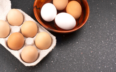 Organic chicken eggs on the table. Eggs are good for everyone and health. Farm products, natural eggs.