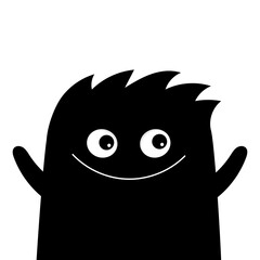 Monster waving hand. Happy Halloween. Kawaii cartoon baby character. Cute face head body. Funny hair. Black silhouette. Flat design. White background.