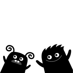 Monster set in the corner waving hand. Happy Halloween. Kawaii cute cartoon baby character. Funny face head body. Horn, fang tooth, tongue. Two black silhouettes. Flat design. White background.