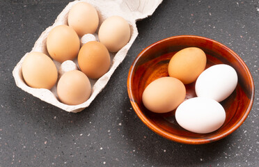 Organic chicken eggs on the table. Eggs are good for everyone and health. Farm products, natural eggs.