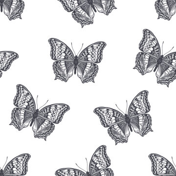 Black and white butterflies. Seamless pattern.