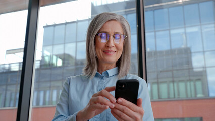 Fototapeta premium Middle age 60-s old senior businesswoman is using a smartphone in an office.