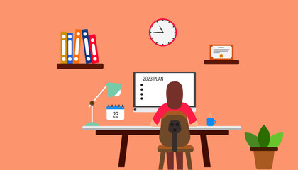 Woman is making her 2023 plan at the computer.new year plan concept.woman entrepreneur idea concept.