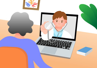 노트북으로 원격진료를 받고 있는 여자노인