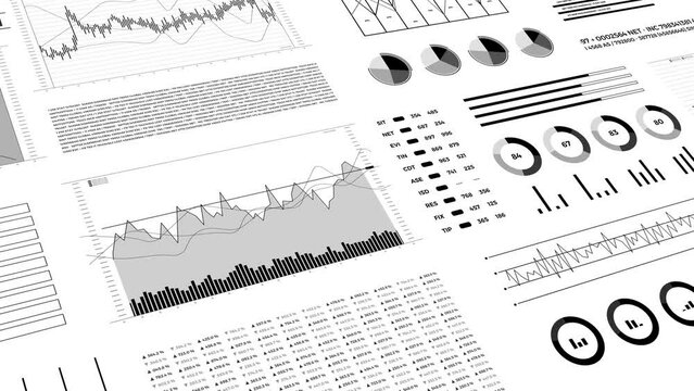 Finance business background with diagrams, statistics graphs and data report. Financial analysis concept. 4K 3D animation