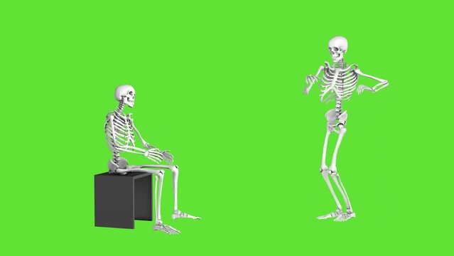 Dancing and clapping skeletons on a green screen. 3D animation for Halloween.