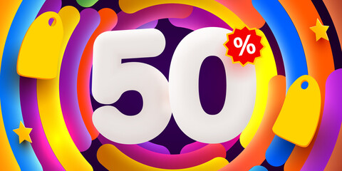 50 percent Off. Discount creative composition. 3d sale symbol with decorative objects. Sale banner and poster.