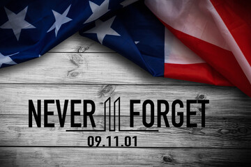 Text Never Forget 9 11 with United States flag - obrazy, fototapety, plakaty