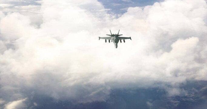4k Aerial Jet Fighter F-18 flies above clouds