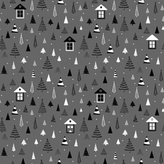 Funny seamless vector pattern with houses, stars and Christmas tree. Can be used  for fabric, phone case and wrapping paper..