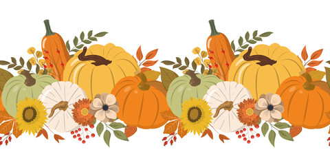 Cute autumn color pumpkins, flowers, berries, and leaves horizontal seamless pattern. Isolated on white background. Seasonal fall banner design for greeting or promotion. - obrazy, fototapety, plakaty