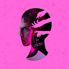 Contemporary art collage. Conceptual image. Head silhouette hiding young man with addiction to...