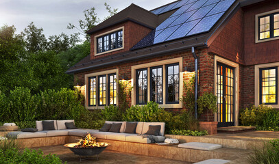 Night view of сozy patio with outdoor furniture, outdoor fireplace and solar panels on the roof - 519113766