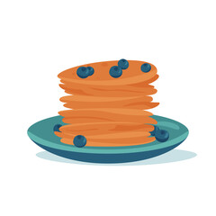stack of tasty pancakes with blueberries on the blue plate