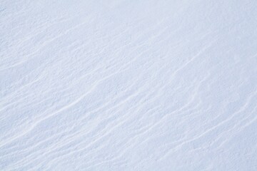 Winter scene with snow patterns on ground.