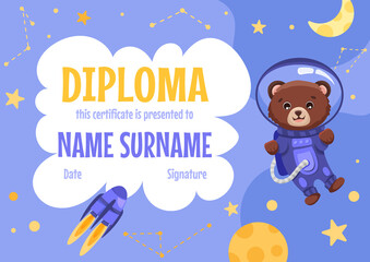 Cute school or preschool diploma certificate for kids with bear astronaut in open space with stars, planets and rocket. Vector cartoon illustration