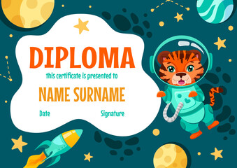 School diploma, certificate template with cute tiger astronaut for kids in kindergarten or primary grades. Cartoon vector illustration with space animals