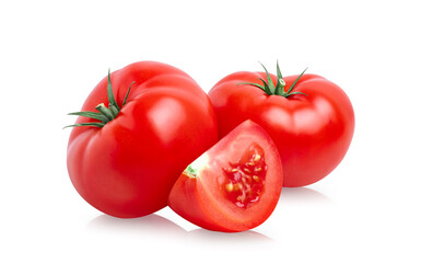 Tomato vegetables isolated on white background. Three fresh tomatoes whole and cut wedge. Clipping...