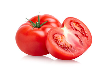 Tomato vegetables isolated on white background. Two fresh tomatoes whole and cut half. Clipping path