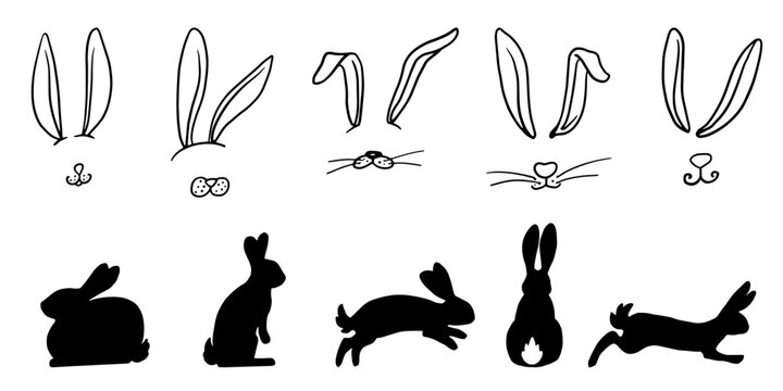 Set of silhouettes of rabbits in different poses and bunny ears and noses for decoration. Vector hand drawn illustrations for Easter, carnival and nature-themed  designs. Isolated on white background.