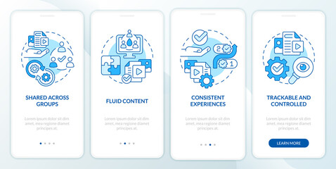 Content tips blue onboarding mobile app screen. Design creating walkthrough 4 steps editable graphic instructions with linear concepts. UI, UX, GUI template. Myriad Pro-Bold, Regular fonts used