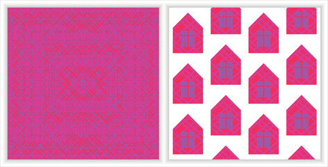 Hot pink fuchsia seamless print set with cute creative houses and canvas or burlap texture. - obrazy, fototapety, plakaty