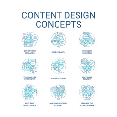 Content design turquoise concept icons set. Information about business. Service idea thin line color illustrations. Isolated symbols. Editable stroke. Roboto-Medium, Myriad Pro-Bold fonts used