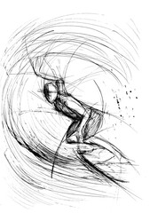 Art line of wave surfer in action. Sketch by hand on black and white