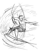 Art line of wave surfer in action. Sketch by hand on black and white