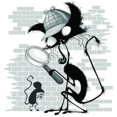Kat Cartoon Sherlock Holmes parodie grappige stripfiguur en muis schaduw op de muur vectorillustratie